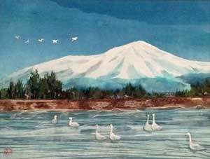 白鳥と鳥海山