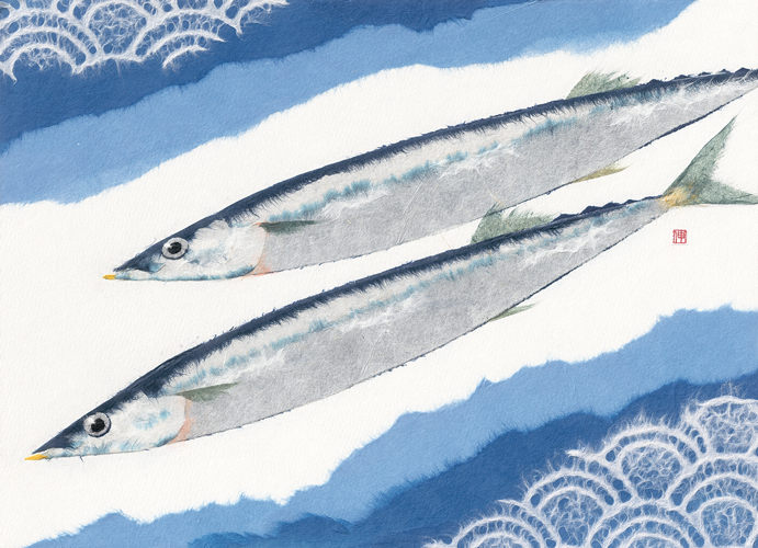油絵（秋刀魚）さんま　Ｆ4 和紙ちぎり絵のがんぴ舎